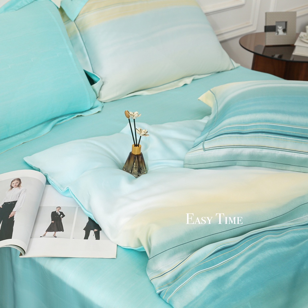 Bộ chăn ga gối 100%Tencel 60s, 5 món Họa tiết sọc cách điệu trẻ trung, tươi mát, chất liệu siêu mềm mịn