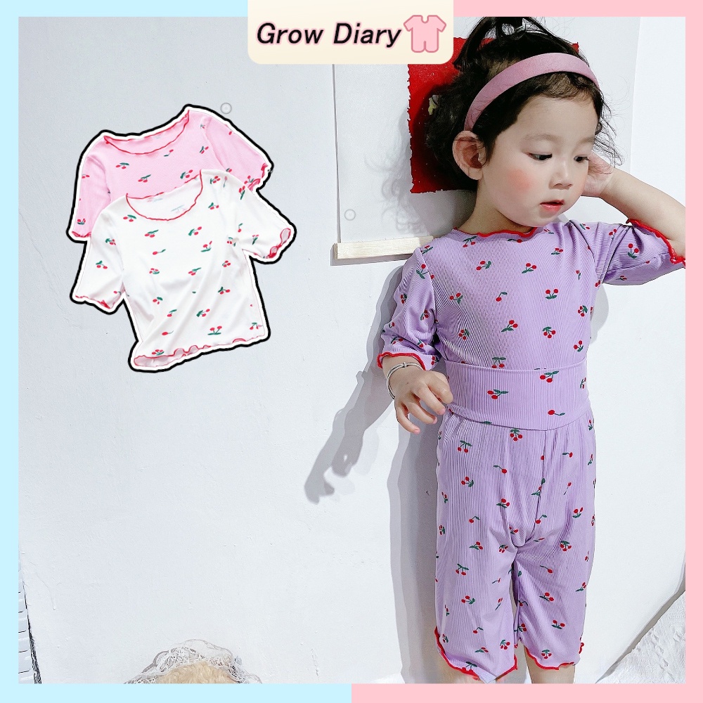 Bộ Đồ Ngủ Áo Tay Ngắn In Hình Quả Anh Đào + Quần Dài Lưng Cao Dành Cho Bé Gái 0-7 Tuổi