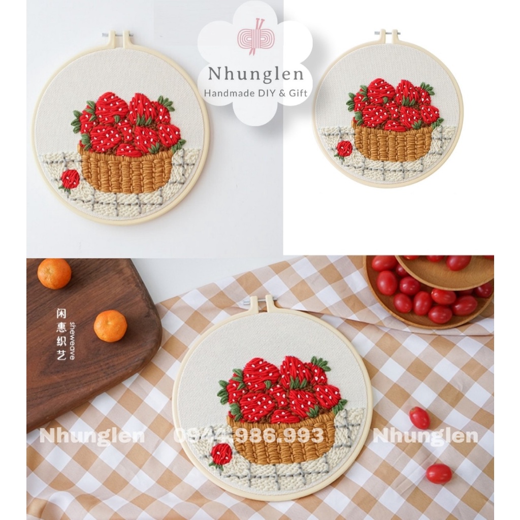 DIY Bộ Thêu Len Xù Rổ Dâu Tình Yêu - Punch Needle Decor - Nhung Len có hướng dẫn