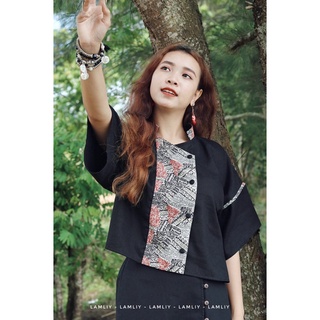 Áo nửa cổ trụ linen phối hoạ tiết