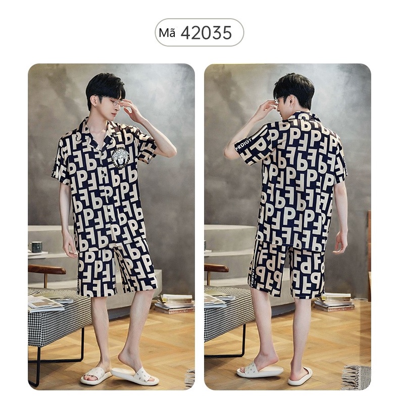 Bộ Đồ Nam Mặc Nhà Bigbang Luxury Áo Cộc Quần Cộc Họa Tiết Hoạt Hình - Bộ Pyjama Nam Chất Lụa Mát