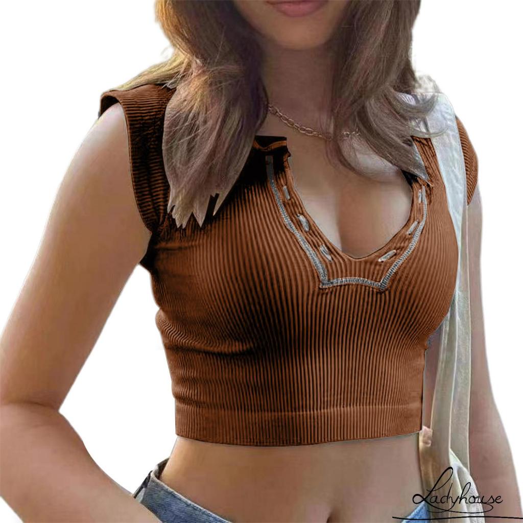 Áo Thun Crop Top Tay Ngắn Cổ Chữ V Có Gân Co Giãn Dành Cho Nữ