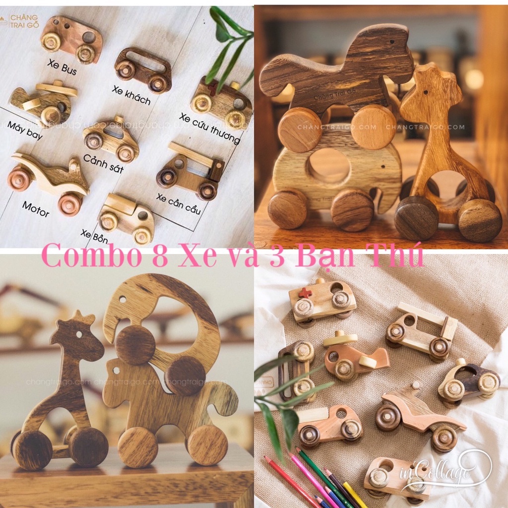 Combo Đồ Chơi 8 Xe và 3 Thú Gỗ được làm 100% Gỗ Tự Nhiên