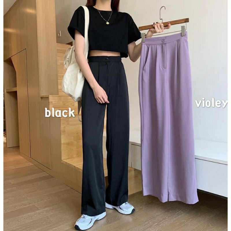 Quần culottes ống rộng suông dài 2 màu đen tím( Kèm ảnh thật, video)