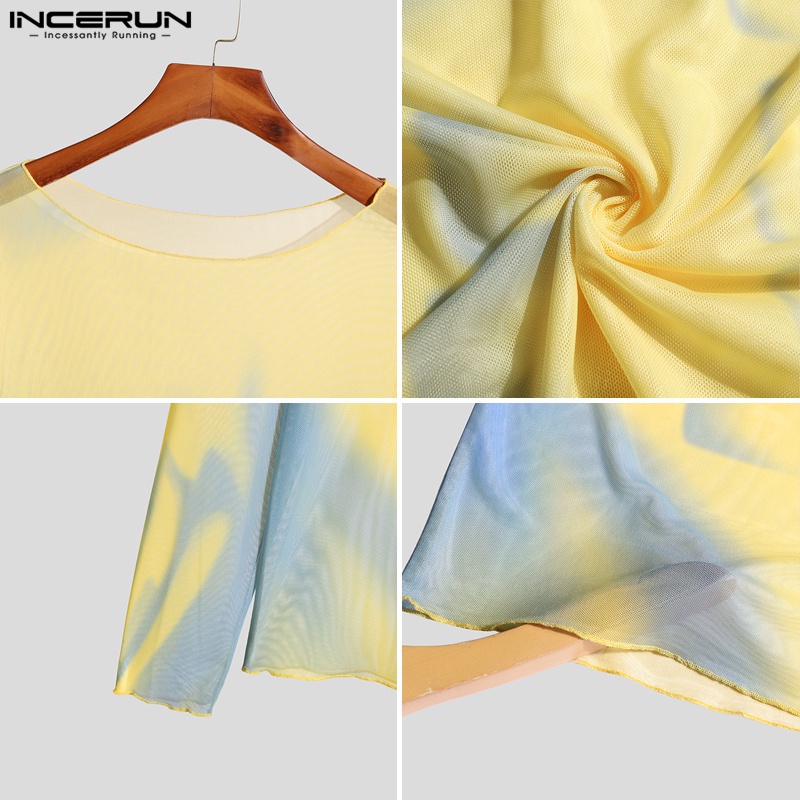 INCERUN Áo Thun Tay Dài Cổ Tròn In Hình Cơ Bắp Phối Lưới Thời Trang Cho Nam