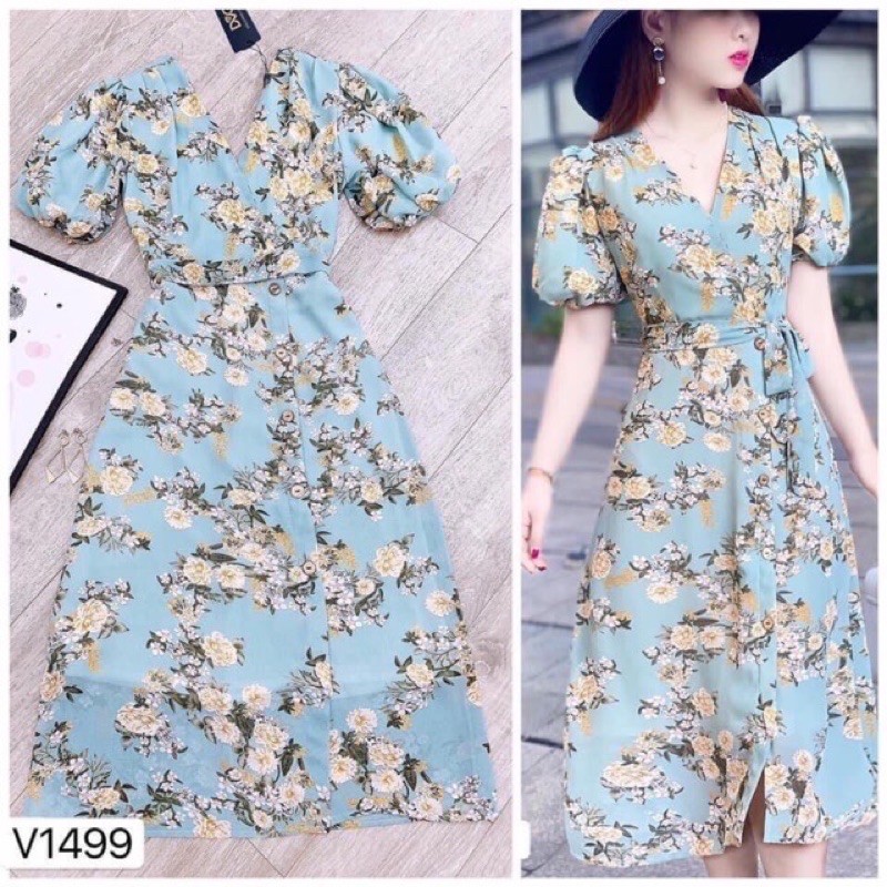 Váy cộc tay vai bồng hoa mùa thu thắt nơ màu xanh tiểu thư | BigBuy360 - bigbuy360.vn