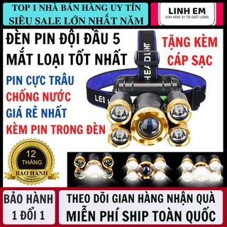 Đèn pin siêu sáng đội đầu 5 mắt loại mới bóng to tặng kèm cáp sạc chống nước ipx7 bảo hành 12 tháng