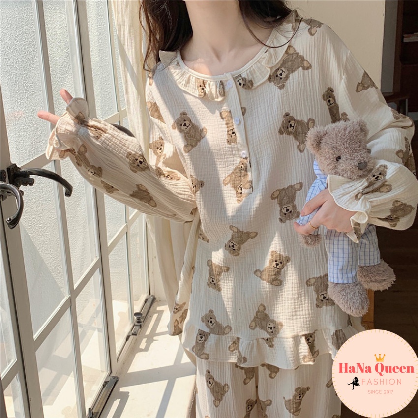 Bộ đồ mặc nhà dài tay thu đông chất muslin cao cấp hoạ tiết hình gấu siêu dễ thương [Hàng có sẵn]