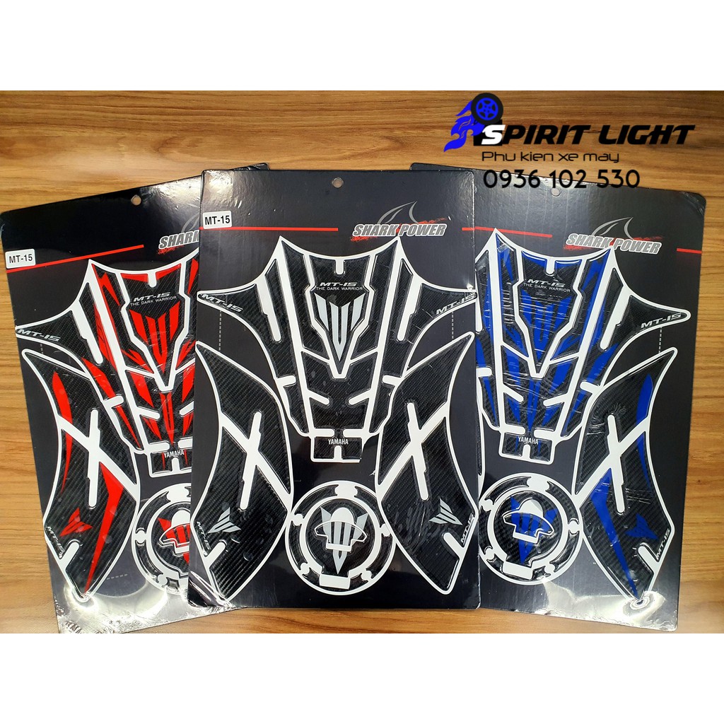 Tem decal dán ốp bình xăng MT15 (MT 15, MT-15): nắp, bên hông, xương cá chống trầy, chống trượt Shark Power decan