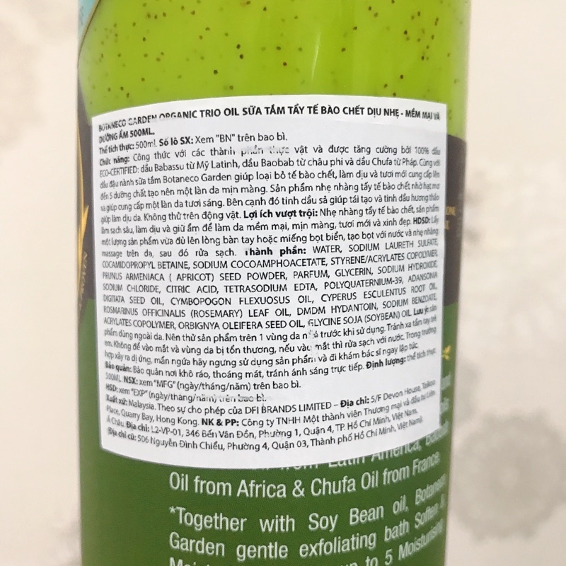 Sữa Tắm Tẩy Tế Bào Chết Botaneco Garden Gentle Exfoliating Bath Soften & Moisturise 500ml