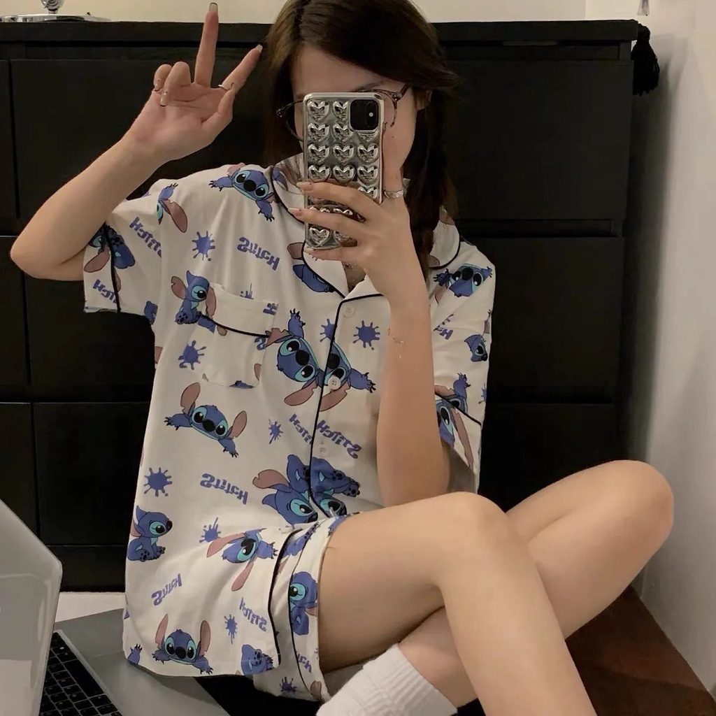 Set đồ ngủ phong cách Hàn Quốc in hình Stitch dễ thương thời trang mùa hè cho nữ