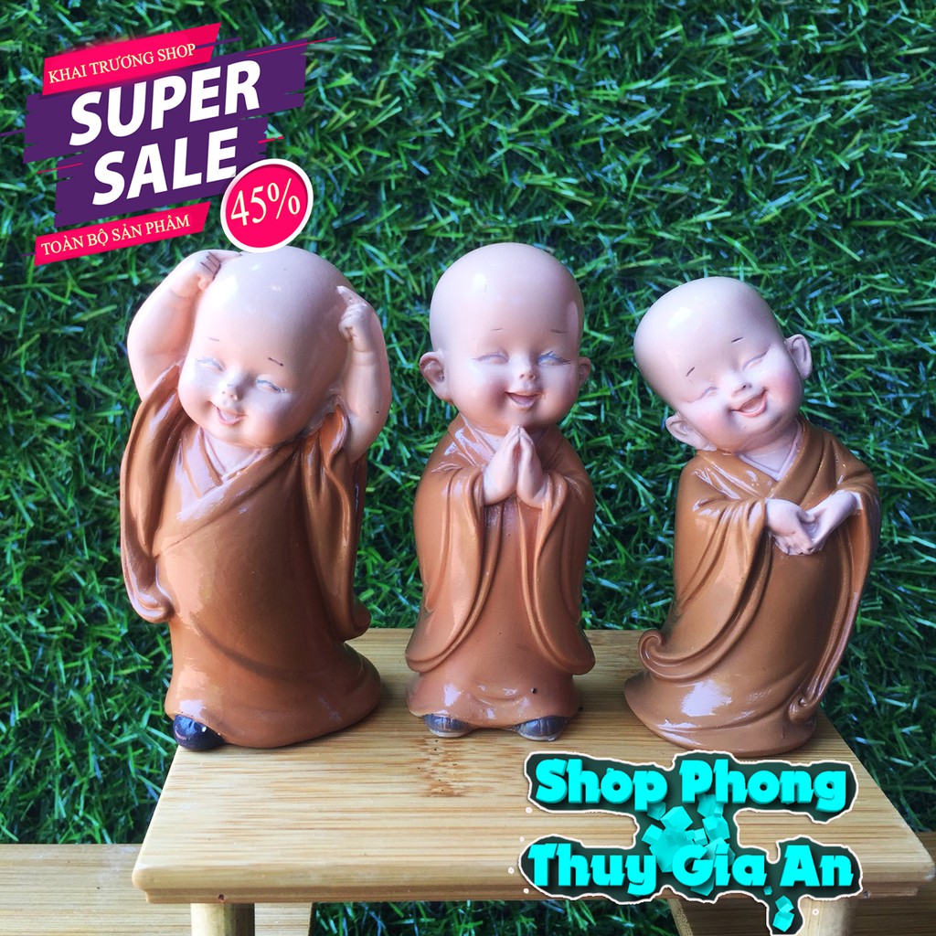 Tượng  Chú Tiểu Phong Thủy, Hàng Thủ công tại Việt Nam Trang trí Nội Thất, phòng làm việc, bàn trà bể cá (Bộ 03 tượng)