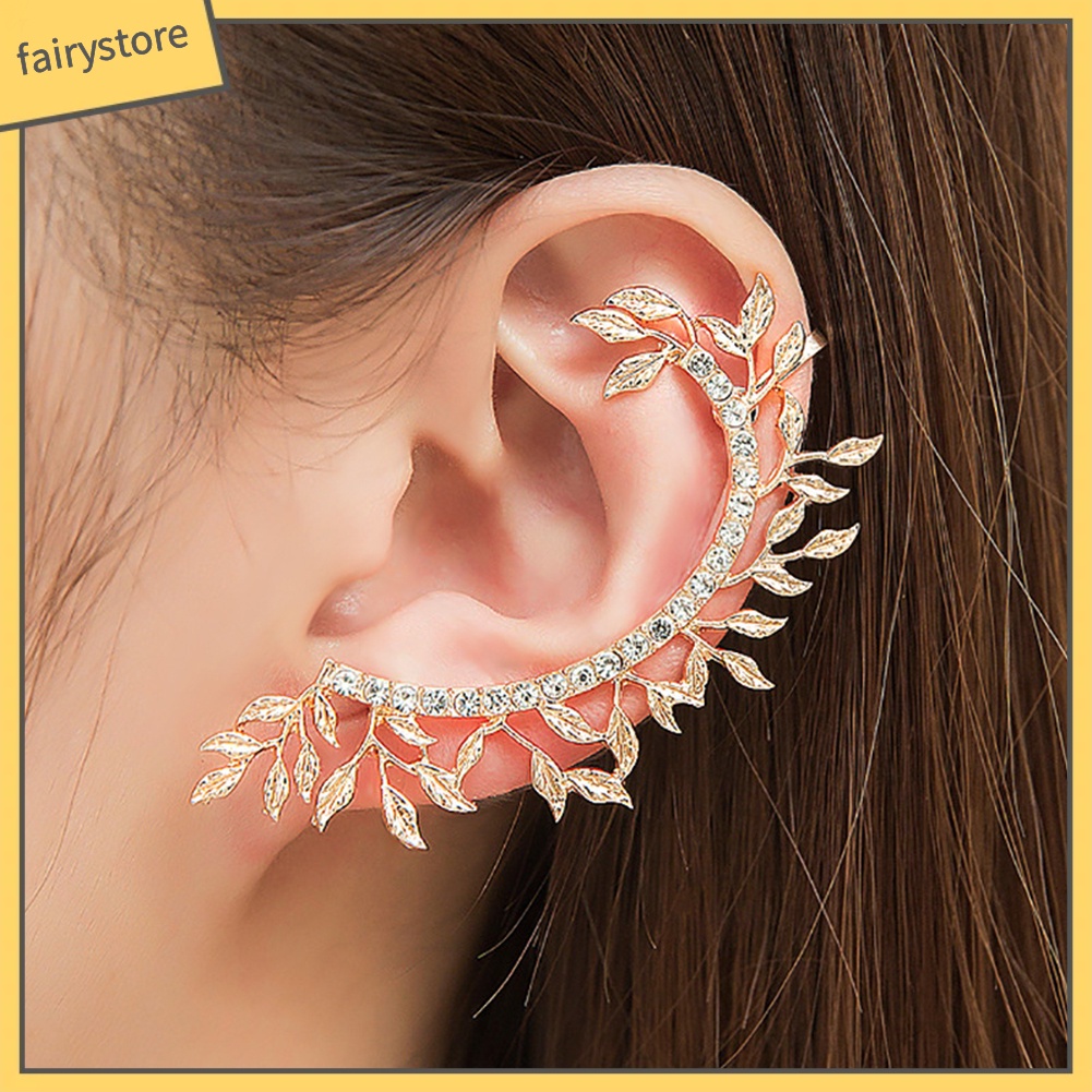 Khuyên vành tai kim loại hình lá đính đá vintage cho nữ