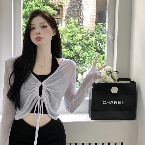 QKOOLE  Set Áo Croptop Tay Dài Trễ Vai + Áo Sát Nách Phong Cách Hàn Quốc