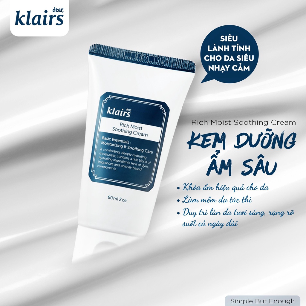Combo 2 Sản Phẩm Cấp Ẩm, Làm Dịu Da Dear, Klairs Rich Moist Soothing (Serum 80ml + Kem 80ml)
