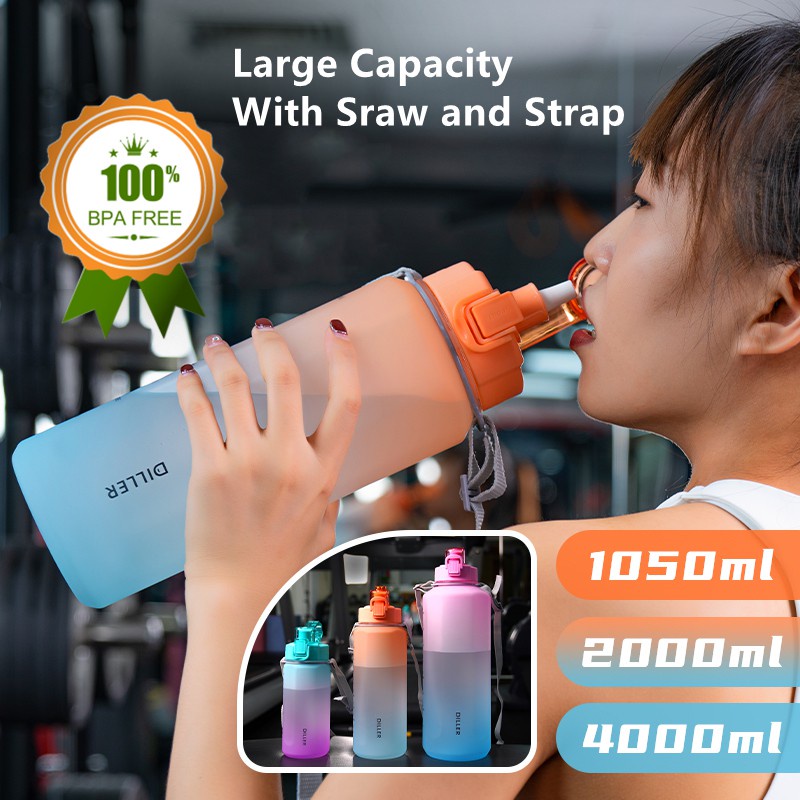 Diller Bình Nước Thể Thao Bằng Silicone Không Chứa BPA Kèm Ống Hút Đánh Dấu Thời Gian Cho Gym D58 4L