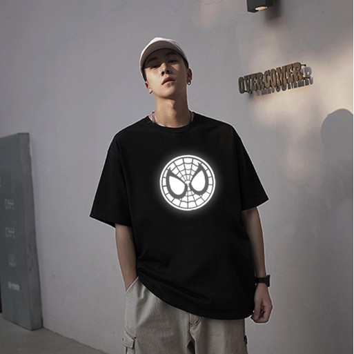 Áo thun đen phản quang tay lỡ form rộng NGƯỜI NHỆN unisex nam nữ basic áo phông oversize street style