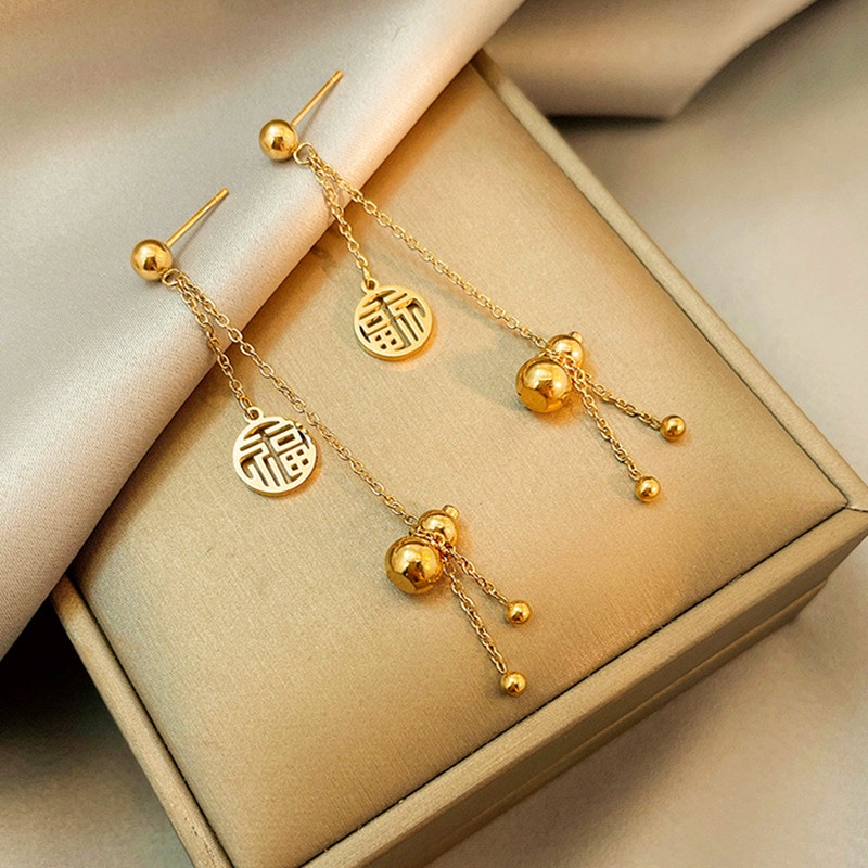 Bông tai Titan nữ không gỉ 18k Mạ vàng Lucky Pumpkin Tua &quot;Fu&quot; khuyên tai dáng dài
