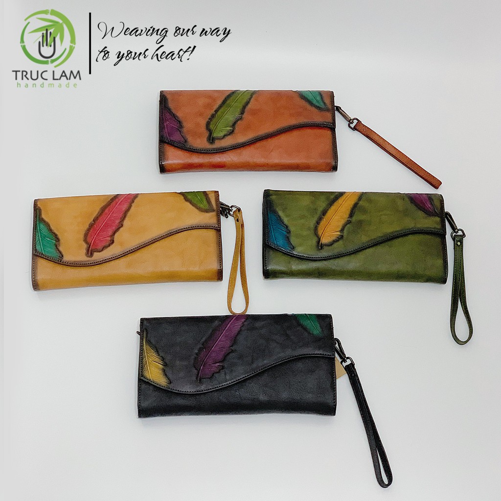 Ví Dài Cầm Tay Thời Trang Nữ Da Thật Cao Cấp Họa Tiết Lông Vũ Size Lớn Kèm Dây Đeo Ánh Kim – Trúc Lâm Handmade