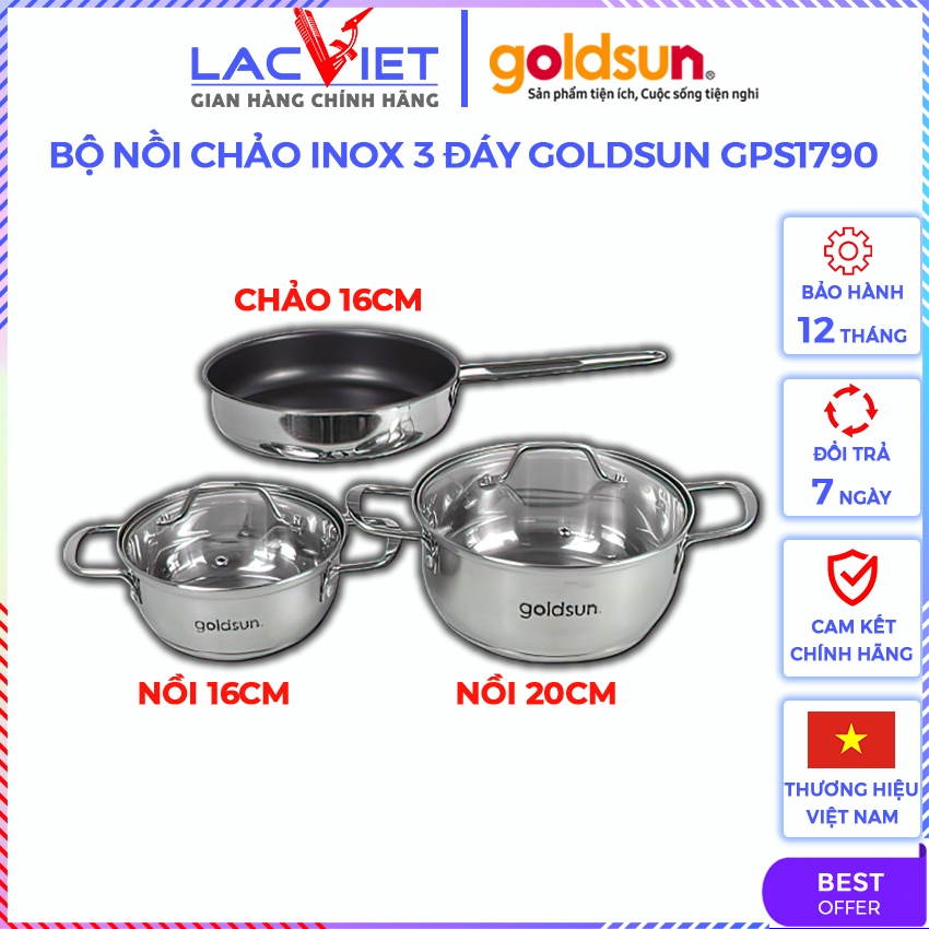 Bộ nồi chảo Inox 3 đáy Goldsun GPS1790, chất liệu inox bền đẹp, kKết cấu lòng nồi 3 đáy thu nhiệt tốt, toả nhiệt đều