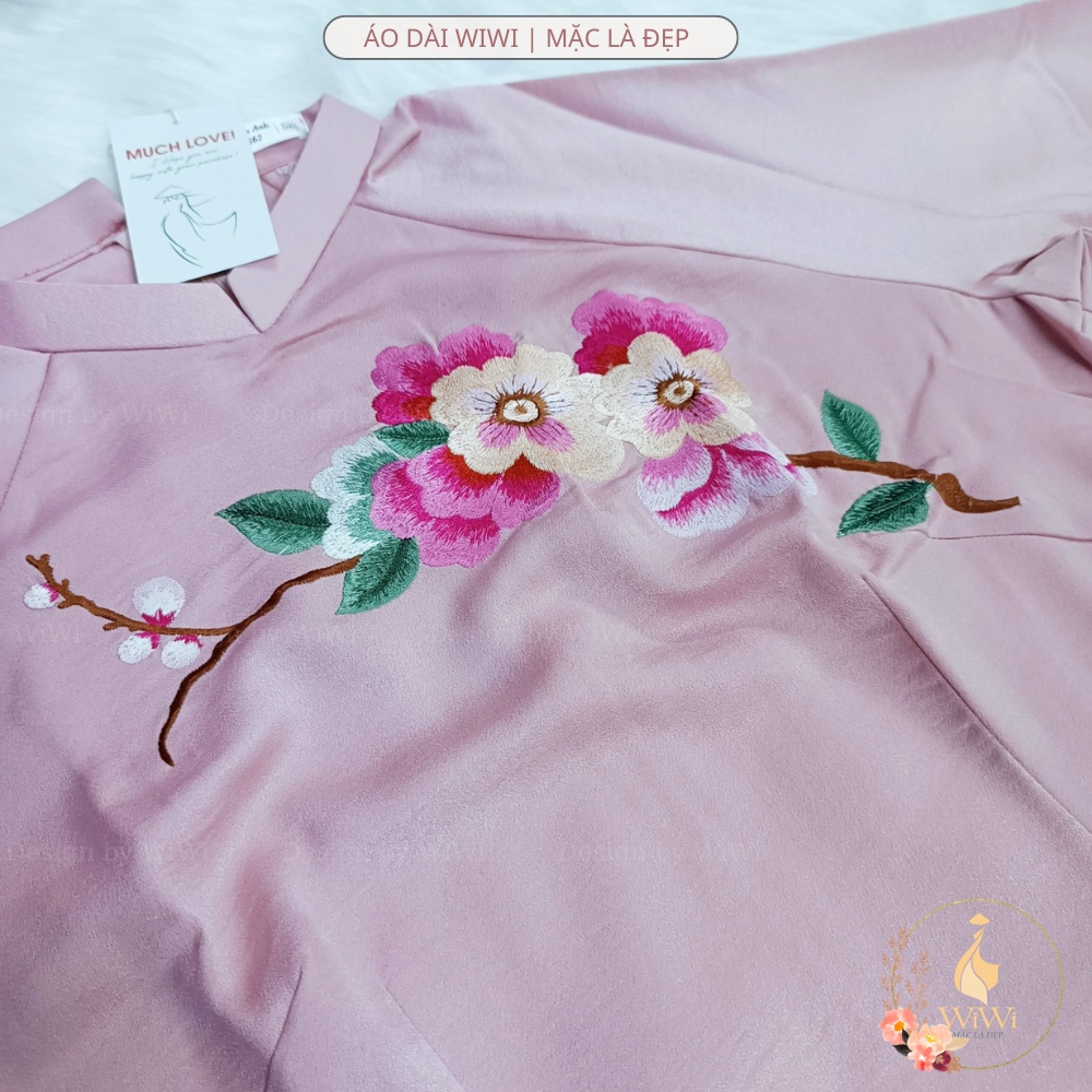 Áo dài Hồng Phấn Thêu Hoa vải lụa tây thi cao cấp, áo dài truyền thống nữ tay lỡ cổ cao may sẵn mặc dự tiệc lễ tết đẹp