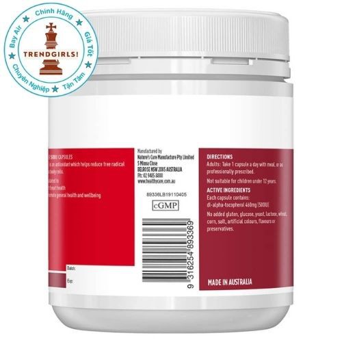 Viên uống Healthy Care Vitamin E 500IU, Úc (200v) hỗ trợ tái tạo, làm đẹp da và tóc cho người từ 12 tuổi | Thế Giới Skin Care