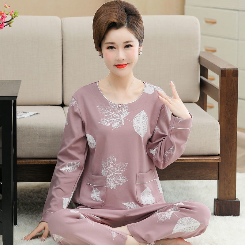 đẹp khuyến mãiBộ đồ ngủ dành cho bà mẹ trung niên mùa xuân và thu Vải thun cotton dài tay người già cỡ lớn phù