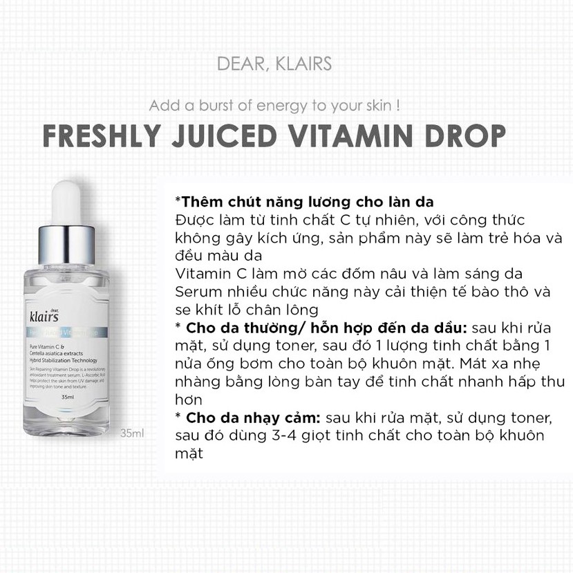 Serum Klairs Freshly Juiced Vitamin Drop Tinh Chất Sáng Da Vitamin C