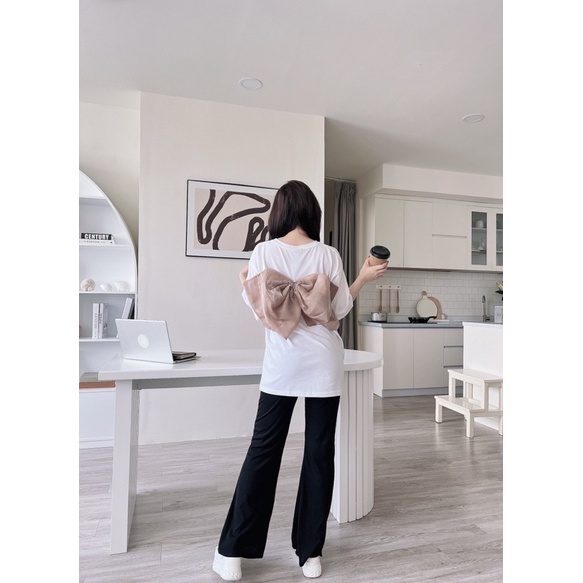 Set áo thun cotton nơ voan to đủ màu quần ống rộng hình thật