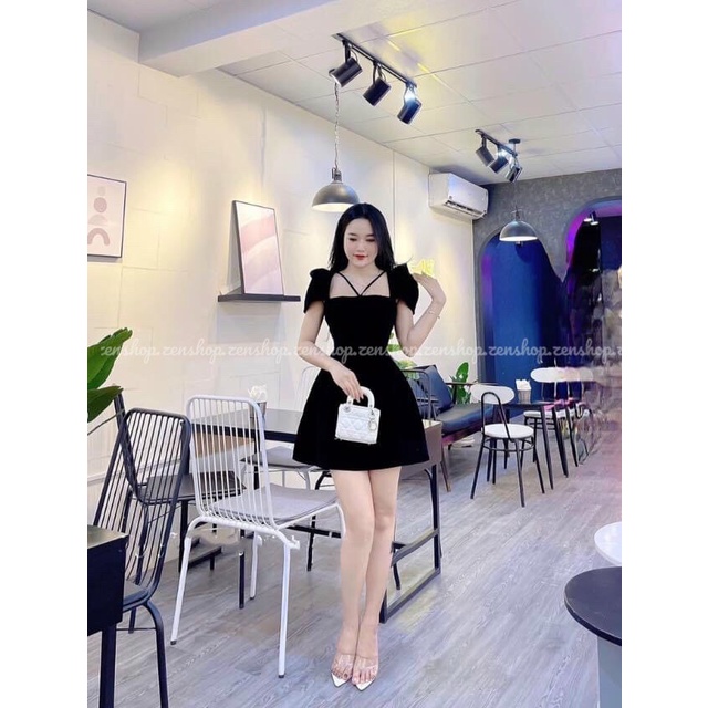 Đầm dự tiệc chất nhung chéo dây ngực tay bồng xinh xắn - Lisa