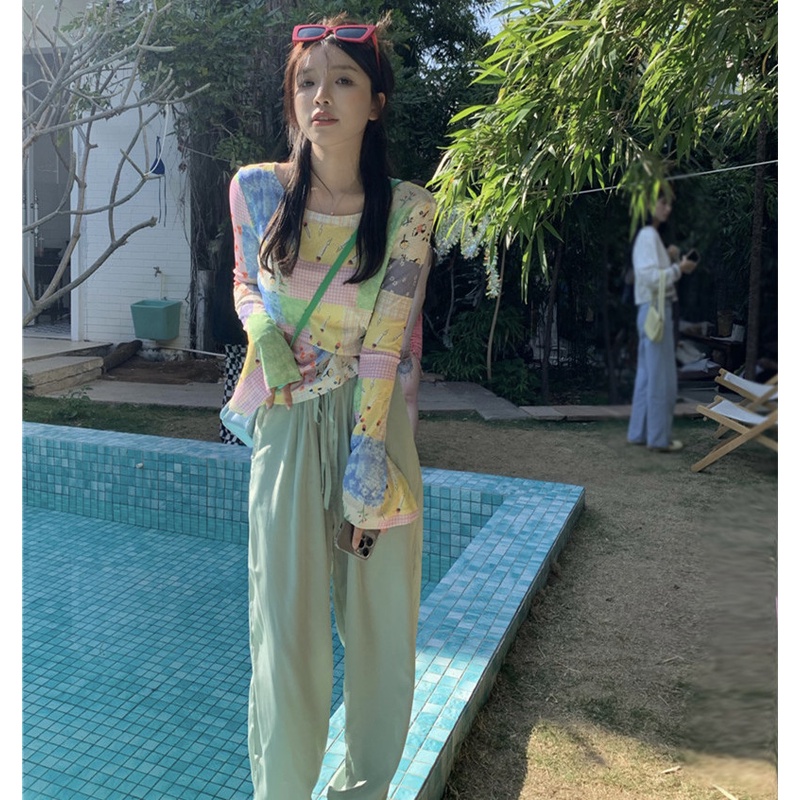 Áo Thun Tay Dài Dáng Rộng In Họa Tiết Phối Màu Thời Trang Mùa Hè Xinh Xắn Cho Nữ