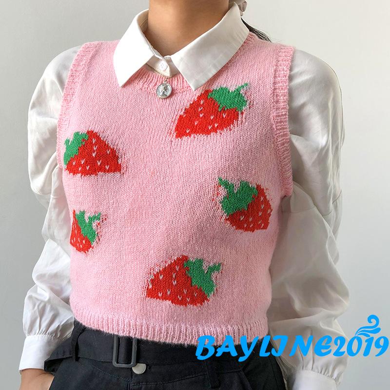 Áo Croptop Không Tay In Hình Quả Dâu Dễ Thương Cho Nữ