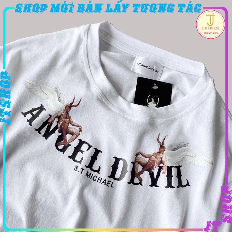 Áo thun unisex tay lỡ form rộng Angel Devil , áo thun cotton nam nữ unisex,JTSHOP