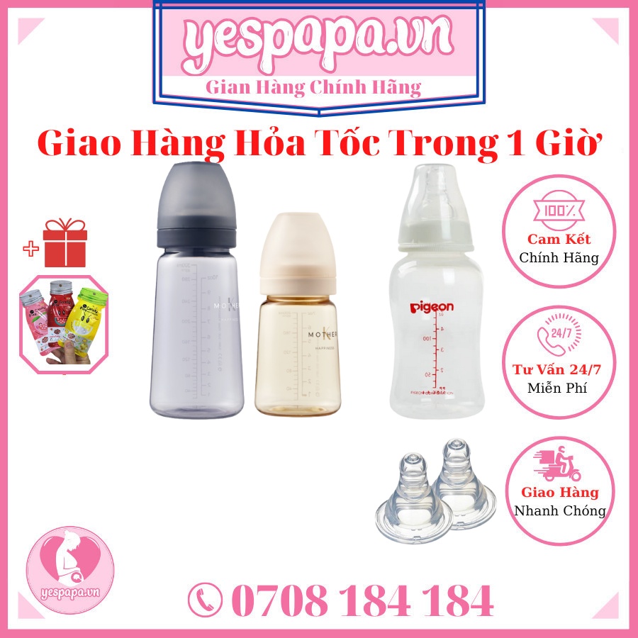 Bình Sữa + Núm Ti PPSU cổ hẹp Pigeon 50ml/150ml/250ml, Bình Sữa PPSU Hàn Quốc MotherK 180m/280ml màu Kem/Xanh Yespapa.vn