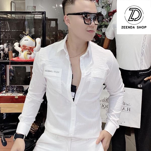 ÁO SƠ MI NAM VẢI ĐŨI DÀI TAY PHỐI HAI TÚI THÊU CHỮ DG THỜI TRANG PHONG CÁCH HÀN QUỐC