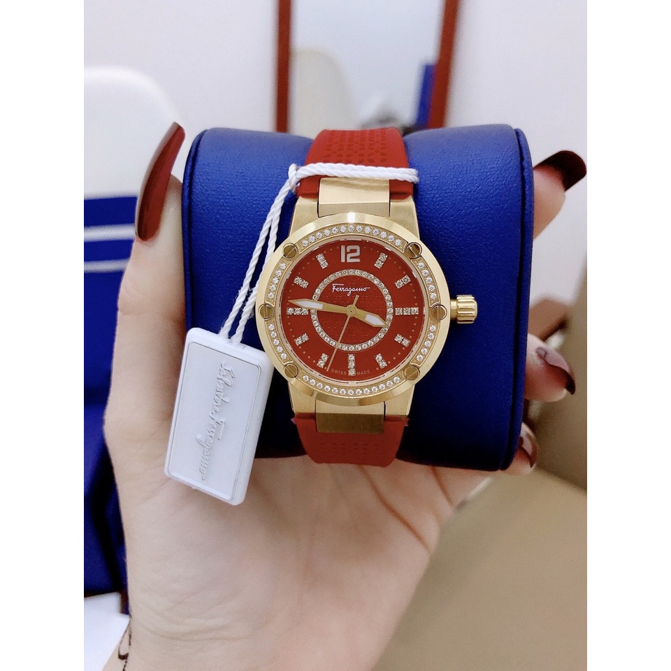Đồng Hồ Nữ Ferragamo F-80 Diamond Dây Cao Su , Cọc Số Nạm Đá , Size 33mm