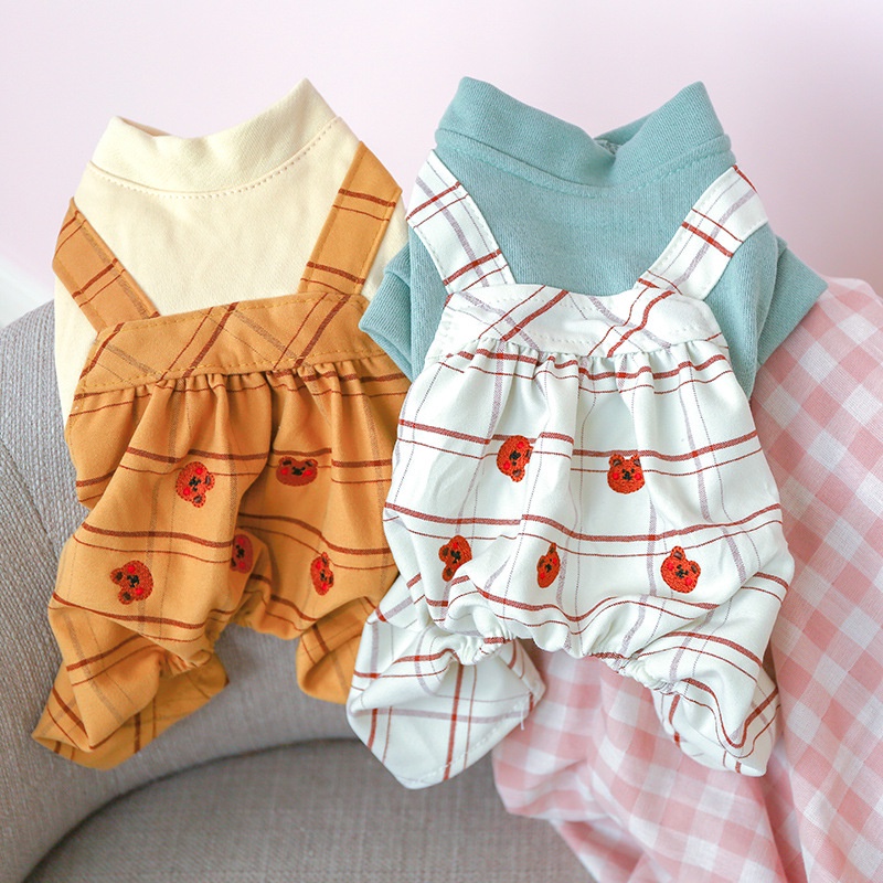 Quần Áo Chó Mèo-Bộ Liền 4 Chân Caro Thêu Gấu