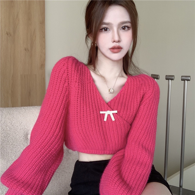 Áo kiểu tay dài phồng cổ chữ V form rộng thời trang mùa thu dễ phối đồ