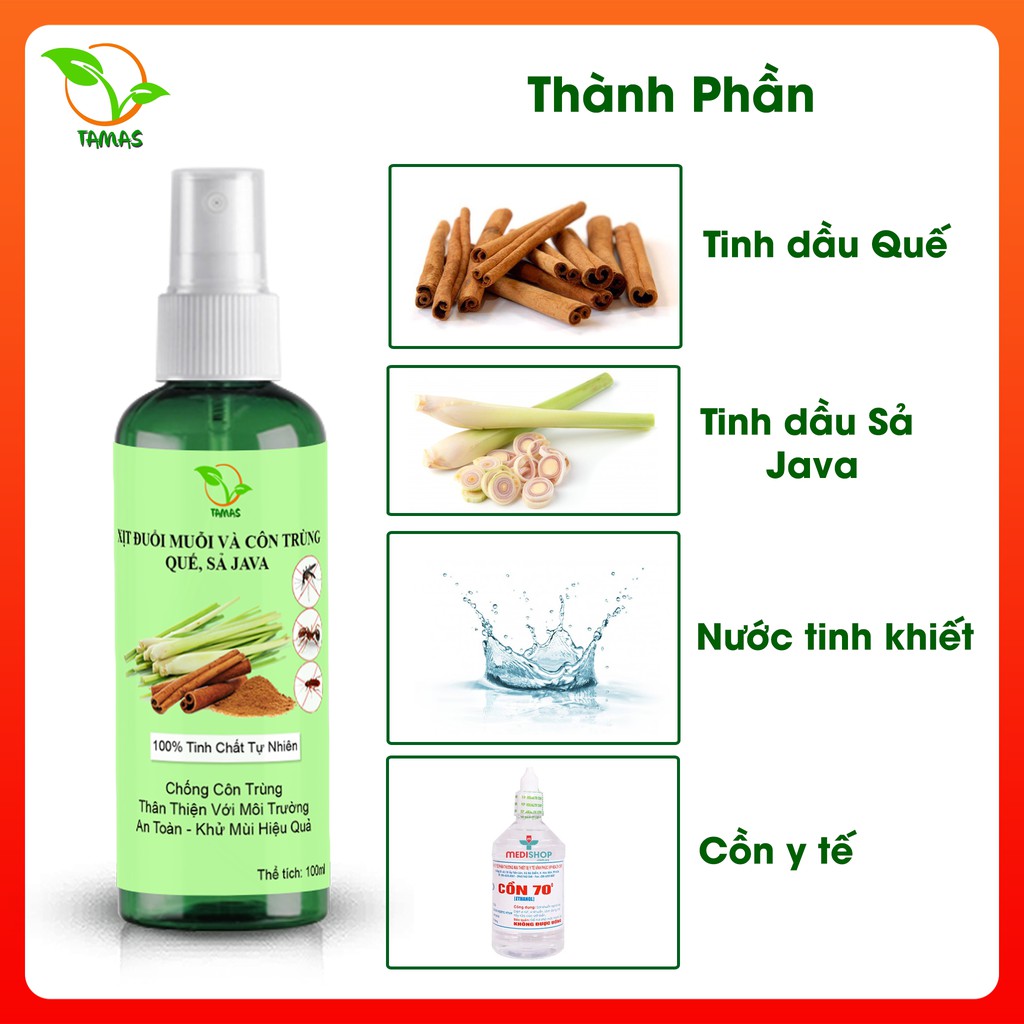 Combo 3 chai xịt tinh dầu đuổi muỗi và côn trùng 100ml, Tinh dầu xả java+ quế.