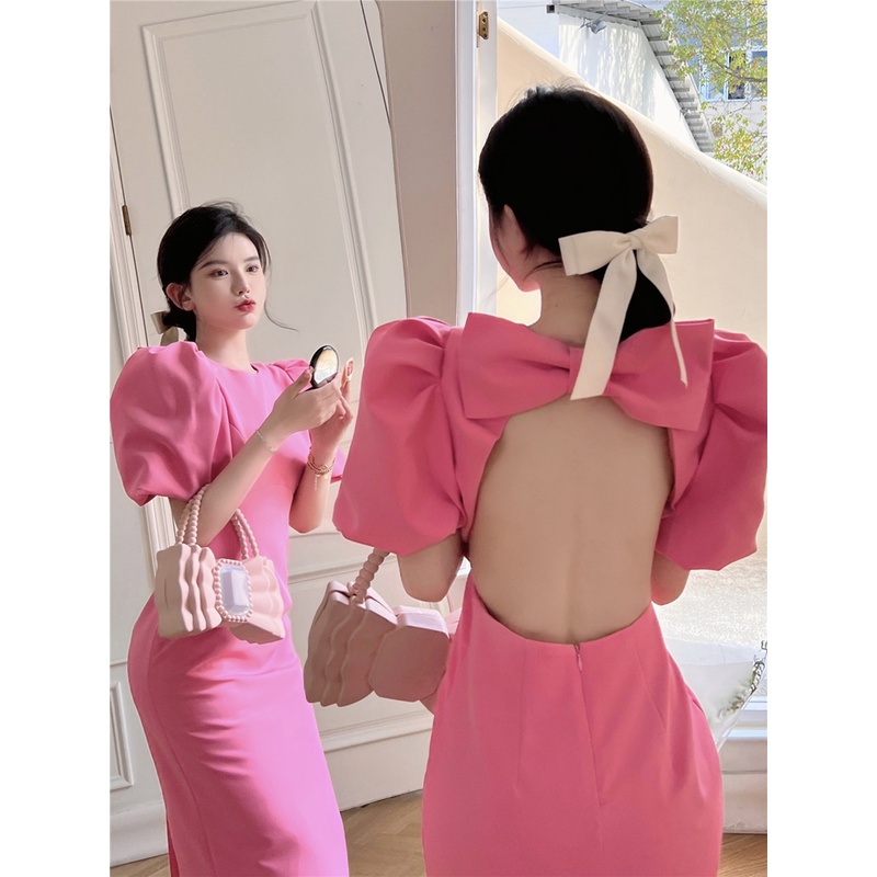 Đầm ôm body cổ tròn tay phồng hở lưng đính nơ phong cách Hàn Quốc siêu xinh, váy hồng hở lưng đính nơ tay phồng