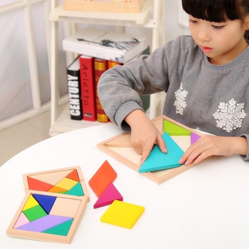 Đồ chơi ghép hình gỗ trí tuệ tangram 7 miếng KT12x12 tăng khả năng tư duy cho bé