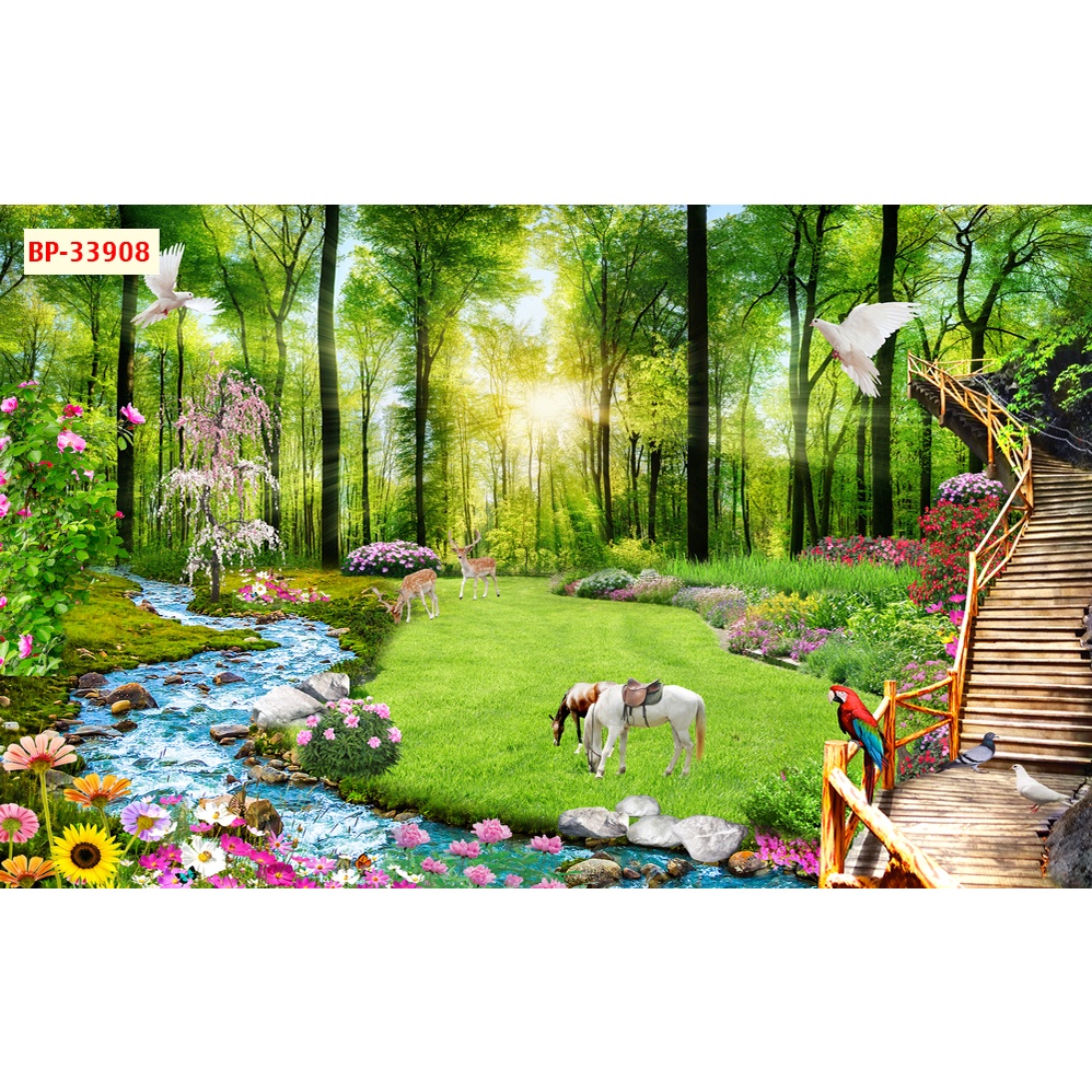 Tranh 3D Thiên Nhiên Đẹp có đồng lúc xanh bát ngát, hồ nước tươi mát, tạo cảm giác bình yên