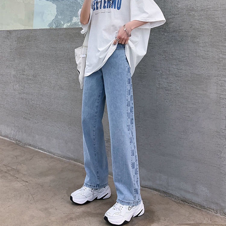 COZOK Quần Jean Ống Rộng Lưng Cao Họa Tiết Sọc Caro Năng Động Thời Trang