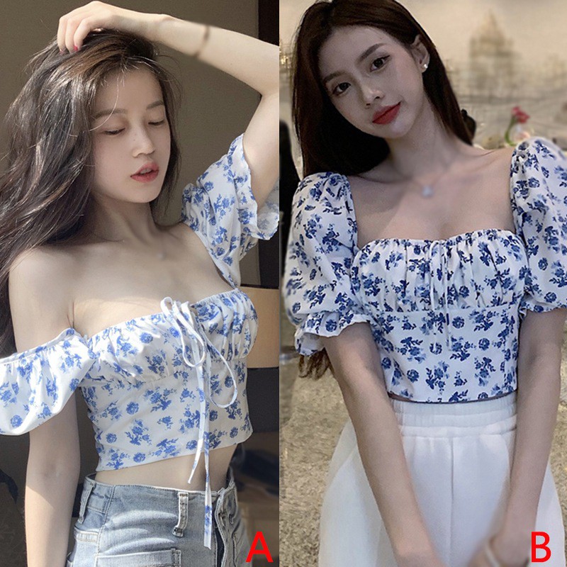 Áo Kiểu Tay Ngắn Cổ Vuông Họa Tiết Hoa Dễ Thương Thời Trang Dành Cho Nữ