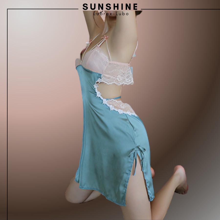 Váy Ngủ Lụa Phối Ren Mỏng Thiết Kế Dây Lưng Sexy Gợi Cảm Màu Xanh Sunshine Lubrexlubo VL1050