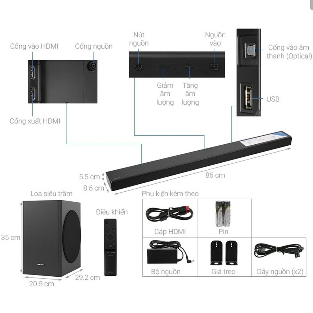 Loa Thanh Soundbar Samsung 2.1 HW-T550/XV 320W, Có cổng USB,Có kèm remote, HDMI Optical USB, Bluetooth 2.0