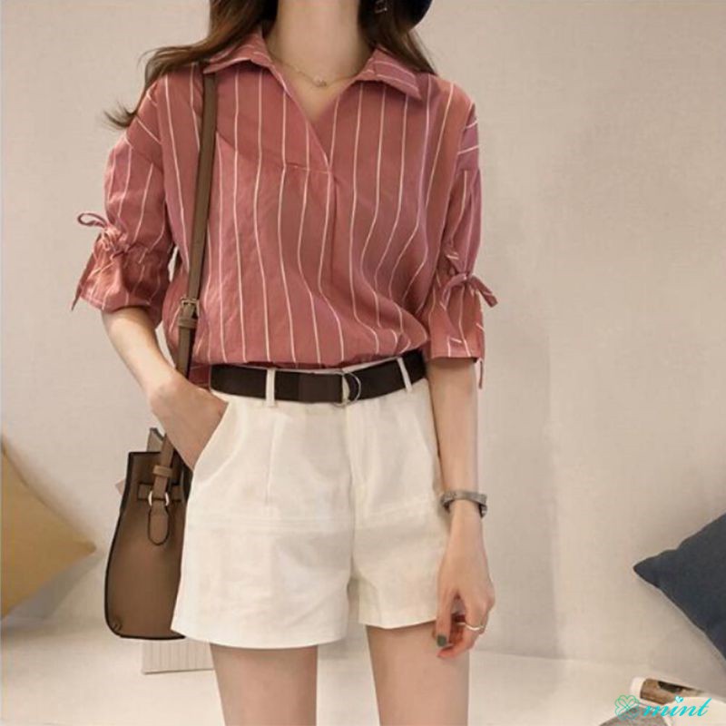 [Mã FAMAYWA giảm 10K đơn 50K] Áo kiểu tay ngắn hoạ tiết kẻ sọc thiết kế cổ chữ V nữ tính | BigBuy360 - bigbuy360.vn