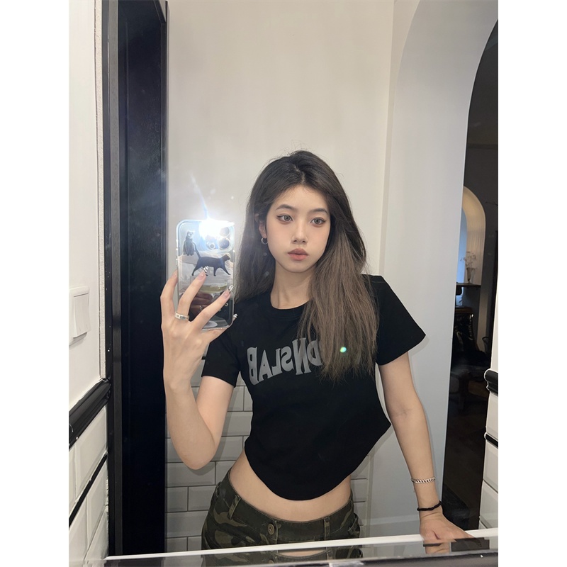 Ethelgirl Áo Thun Nữ Ngắn Tay Màu Đen Gợi Cảm