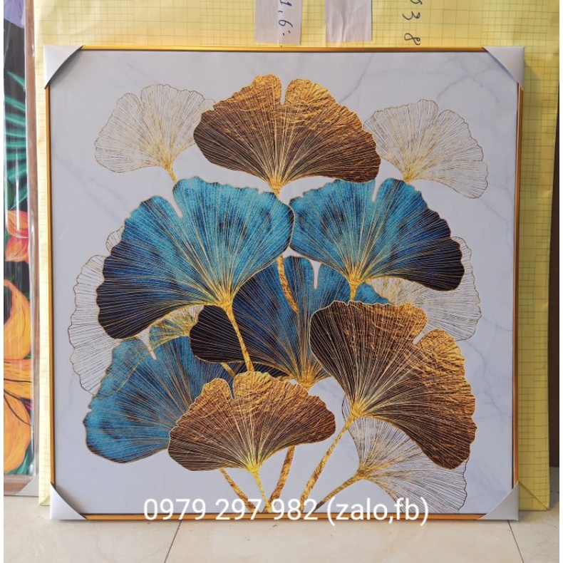 Tranh canvas lá cách điệu vàng xanh 70x70 giá kèm khung nhựa composite 2cm. khách thay đổi màu khung,khung mỏng ib shop