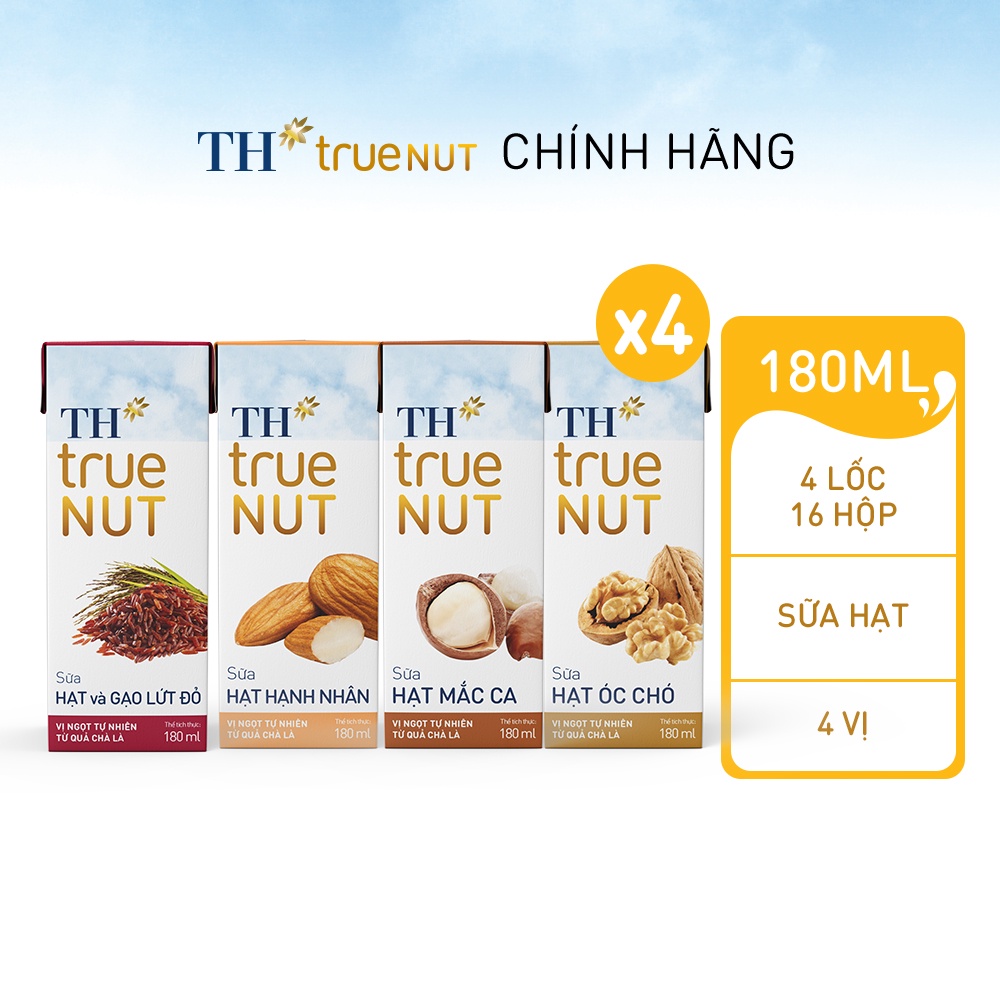 4 Lốc sữa hạt hạnh nhân, mắc ca, óc chó, gạo lứt của TH True Nut 180ml (180ml x 4 hộp)